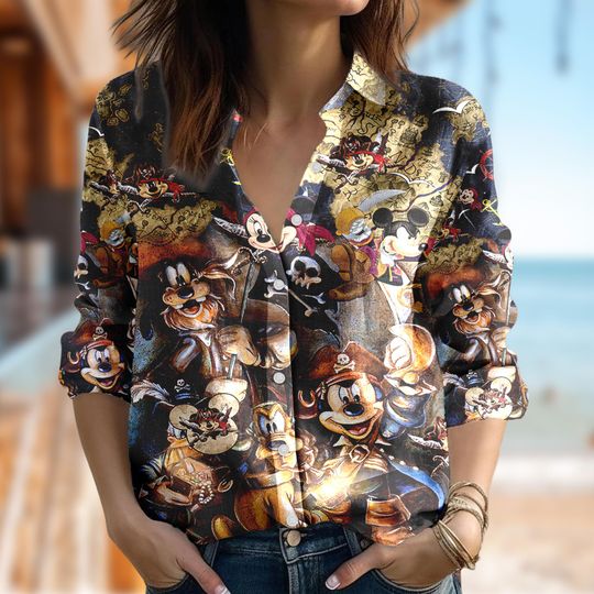 Disney Mickey Mouse Pirate Shirt, Mickey Cruise Women Casual Shirt, Cartoon Women Blouses Shirt, Magic Kingdom Pirate Family Trip Gift