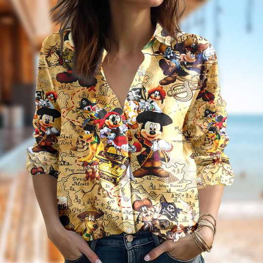 Disney Mickey Mouse Pirates Shirt, Mickey Casual Button Down Shirt, Cartoon Women Blouses Tee, Magic Kingdom Shirt, Pirates Summer Trip Gift