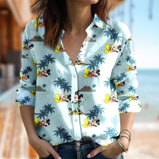 Tropical Disney Mickey Mouse Shirt, Mickey Mouse Summer Vacation Casual Women Shirt, Aloha Minnie Mouse Gift For Friends, Family Trip Shirt