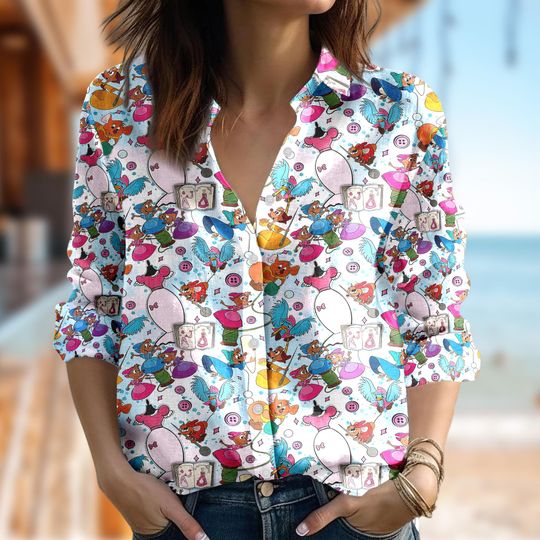Disney Jaq and Gus Shirt, Animated Cute Mouse Button Up Shirt, Cinde 3D All Over Print Shirt, Gus Gus Casual Women Shirt