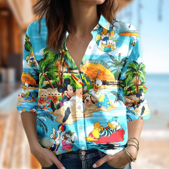 Disney Mickey Mouse And Friends Shirt, Donald Duck Couple Theme Aloha Shirt, Goofy Summer Vacation Shirt, Magic Kingdom Casual Long Sleeve