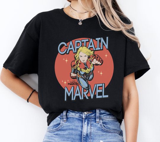 Captain Marvel Red Spot Action Pose Logo Graphic T-Shirt, Matching Disneyland Family Vacation Shirt, Disney Matching Birthday Gifts