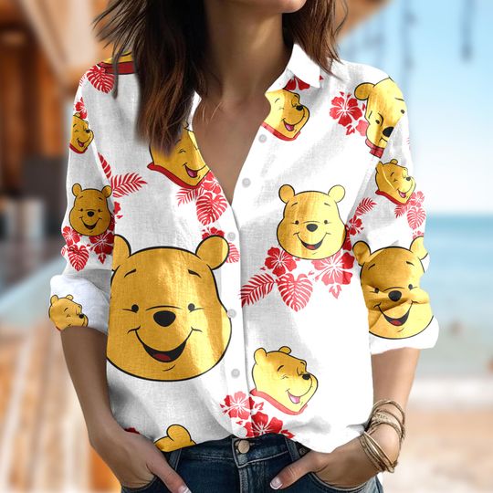 Disney Pooh Bear 3D Shirt, Winnie The Pooh Casual Women Shirt, Pooh Animated Movie 3D Button Up, Magic Kingdom Summer Vibe Shirt