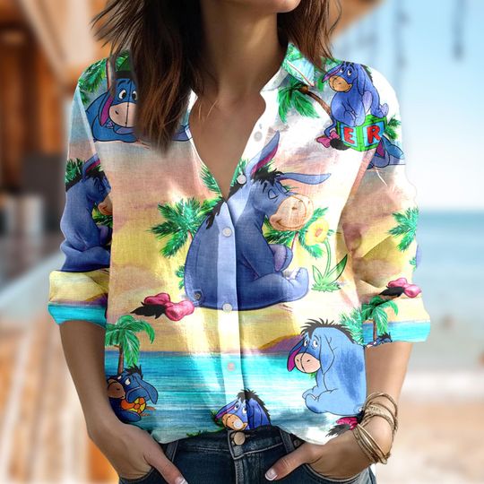 Tropical Eeyore Women Casual Shirt, Winnie The Pooh Shirt, Eeyore Cartoon Women Blouses Shirt, Magic Kingdom Summer Trip Gift