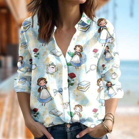 Disney Beauty And The Beast Shirt, Princess Casual Shirt, Princess Belle Button Up Shirt, Cartoon Women Blouses Shirt, Magic Kingdom Gift