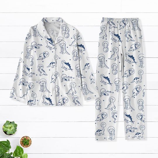 Astronaut Dinosaur Pajama Set, Space Lover Sleepwear, Galaxy-Themed Nightwear, Cute Dino Outfit, Cozy Bedtime Set, Trendy Homewear