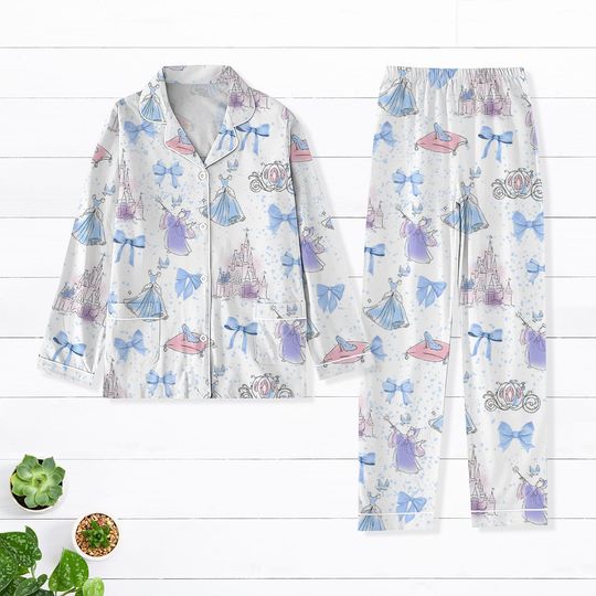 Meet Me At Midnight Cinde Pajamas Set, Watercolor Cinde Pjs, Cinde Princess Pajamas, Cinde Coquette Bow Pajamas