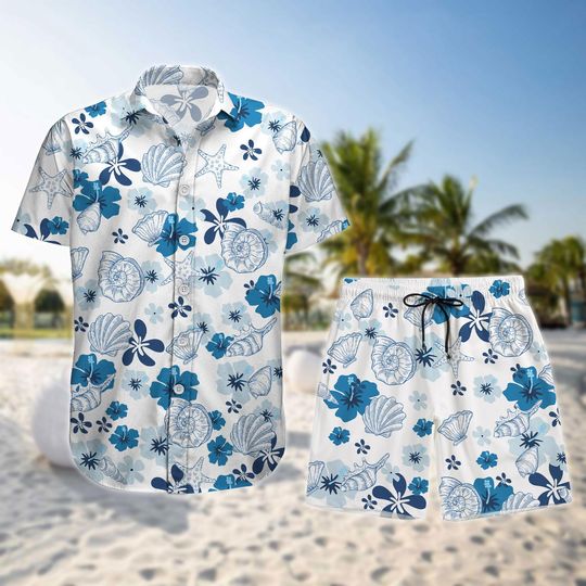 Blue Ocean Seashell Hawaiian Shirt, Casual Summer Outfit, Starfish and Shell Beachwear, Tropical Resort Vacation Fashion