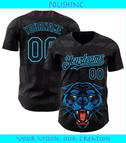 Discover Custom Black Sky Blue 3D Pattern Design Animal Panther Baseball Jersey