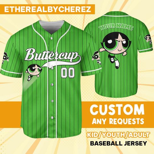 Personalize Buttercup Jersey Green White, Powerpuff Girl, Cartoon Baseball Team Outfit