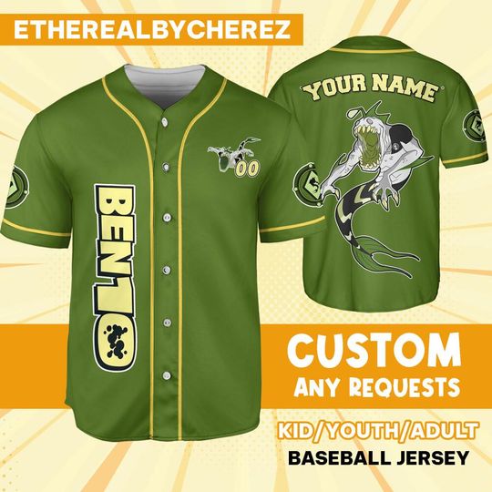 Personalize Ben 10 Piscciss Green Yellow Jersey, Cartoon Baseball Team Outfit