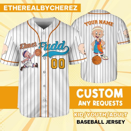 Personalize Elmer Fudd Jersey Orange White, Cartoon Baseball Team Outfit