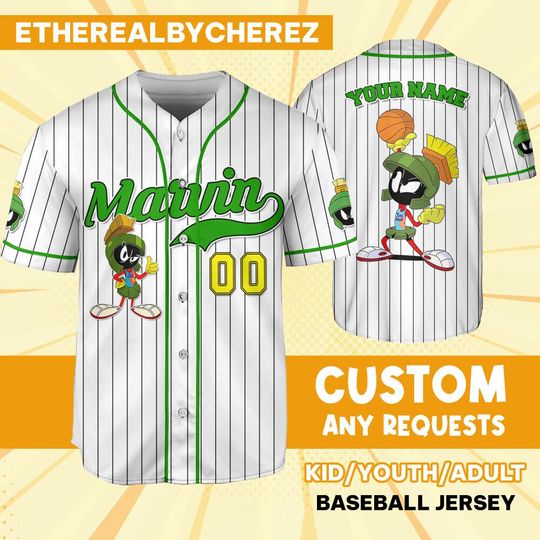 Discover Personalize Marvin Jersey Green White, Cartoon Baseball Team Outfit