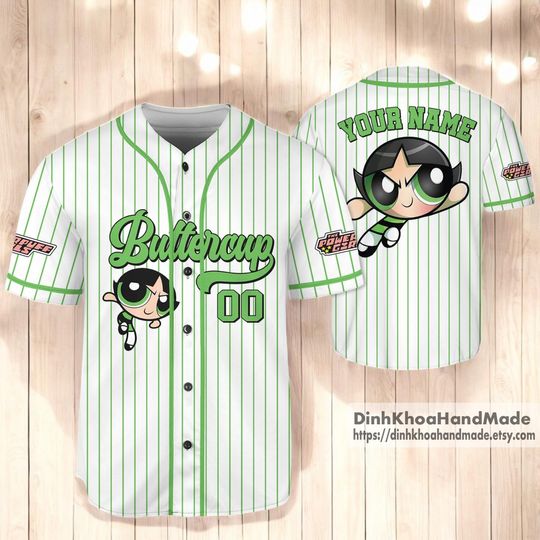 Personalize Powerpuff Girls Green Baseball Jersey, Custom Kid Youth Adult Jersey, Baseball Trip Gift for Sport Fans