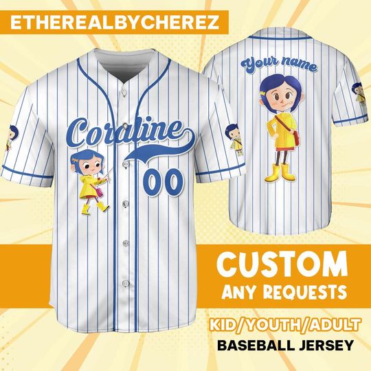Discover Personalize Coraline Happy White Blue Jersey, Cartoon Baseball Team Outfit