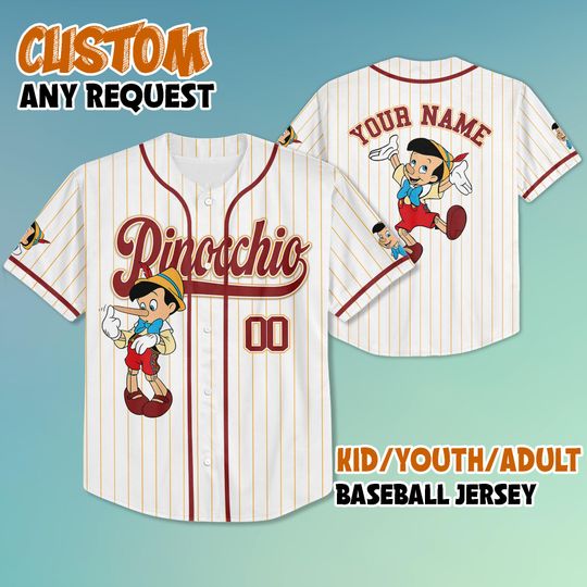 Personalized Pinocchio Simple Stripe Baseball Jersey, Disney Pinocchio Jersey Shirt, Custom Kid Youth Adult Disney Jersey,