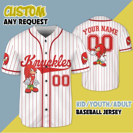 Personalized Sonic The Hedgehog Knuckles Baseball Jersey, Custom Disney Knuckles Jersey Shirt, Custom Kid Youth Adult Disney Jersey