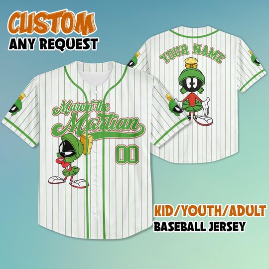 Custom Looney Tunes Marvin The Martian Baseball Jersey, Marvin The Martian Jersey Shirt, Custom Kid Youth Adult Disney Jersey