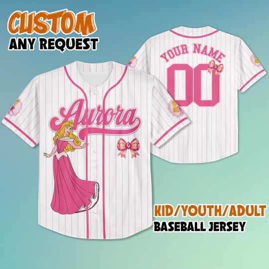 Custom Disney Princess Aurora Baseball Jersey, Disney Aurora Jersey Shirt, Custom Princess Kid Youth Adult Disney Jersey