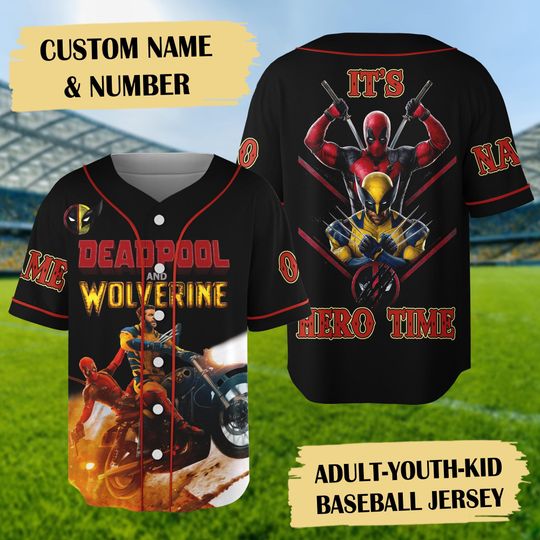 Custom Deadpool And Wolverine It's Hero Time Baseball Jersey, Deadpool Jersey Shirt, Spider Man Baseball Jersey Team, Superhero Shirt