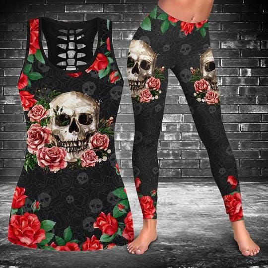 3D Skull Roses Art Black Hollow Tank Top High Waist Leggings/ Skull & Roses Gym Set  Gothic Floral Activewear