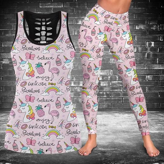 Discover Unicorn Flamingo Pineapple Hollow Tank Top Or Legging/ Pastel Paradise Leggings & Tank Top  Kawaii Fitness Wear