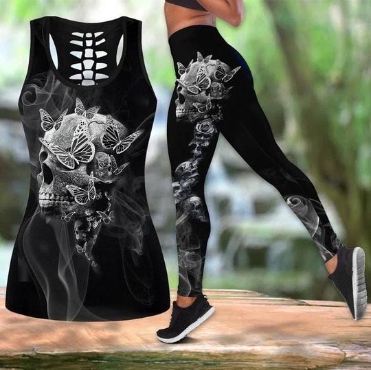 Discover Smoke Illusion Skull With Butterflies Hollow Tank Top Or High Waist Leggings