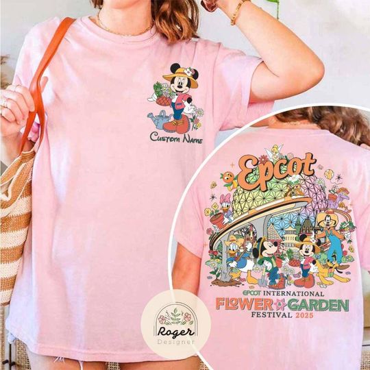 Discover Two-sided All characters Mickey Minnie Figment Disney Epcot International Flower & Garden Festival 2025 Shirt, Epcot World Tour Family Tee