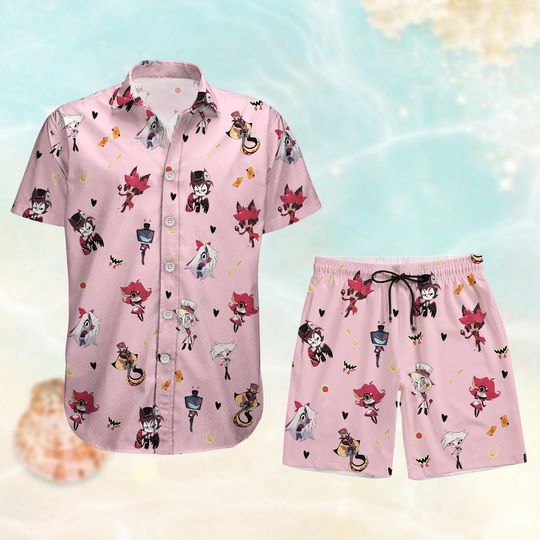 Hazbin Hotel Button Shirt, Anime Movie Hawaiian Shirt, Summer Shorts Men Women, Hazbin Alastor Vacation Shirt, Cute Anime Aloha Tee