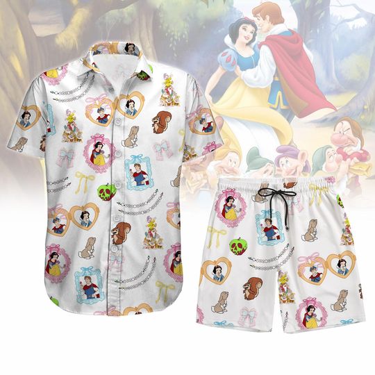 Disney Snow White Princess Cotteque Bow Hawaiian Shirt, Snow White The Seven Dwarfs Button Shirt And Shorts, Family Holiday Shirt