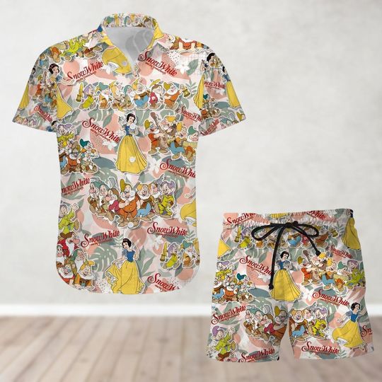 Snow White Button Shirt And Shorts, Disney Princess Hawaiian Shirt, Seven Dwarf Shirt, Movie Cartoon Tropical Shirt, Summer Beach Shirt