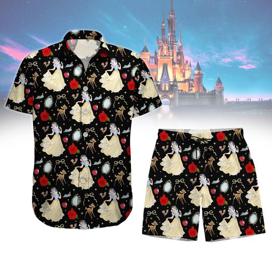 Snow White And Seven Dwarf Coquette Button Shirt And Shorts, Princess Snow White Mirror Bow Shirt, Disney Castle Girls Trip Aloha Shirt