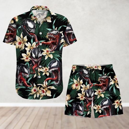 Venom Button Shirt And Shorts, Spiderman Villain Shirt, Marvel Hawaiian SHirt, Disney Vacation, Marvel Comic Shirt, Disney World Shirt