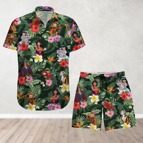 Disney Aladdin Button Shirt And Shorts, Jasmine And Aladdin Summer Hawaiian Shirt, Princess Jasmine Genie Aladdin Tropical Hawaii Shirt