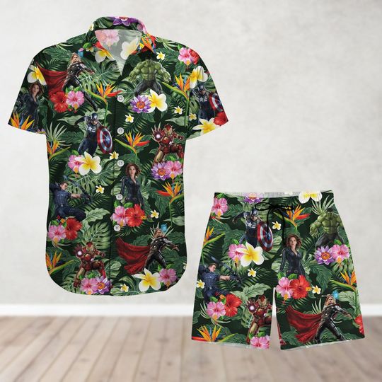 Discover Marvel Superhero Button Shirt And Shorts, Disney Movie Hawaiian Shirt For Men, Summer Beach Shirt, Tropical Shirt, Aloha Vacation Shirt