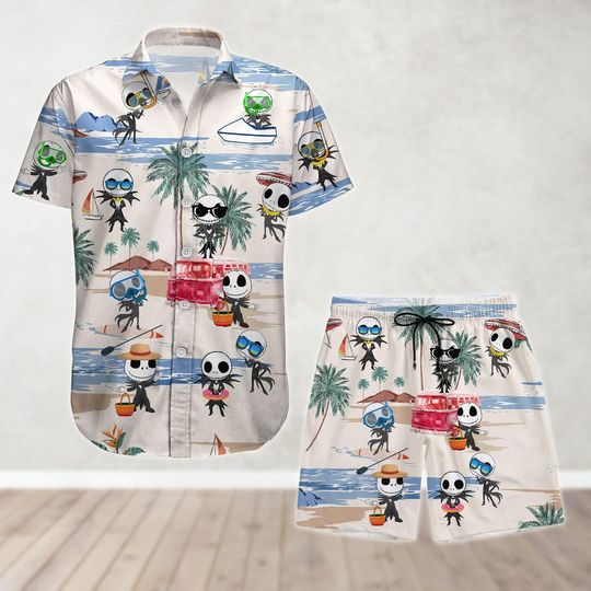 Jack Skellington Button Shirt And Shorts, Nightmare Before Christmas Shirt, Skeleton Summer Beach Shirt, Disney Movie Tropical Shirt