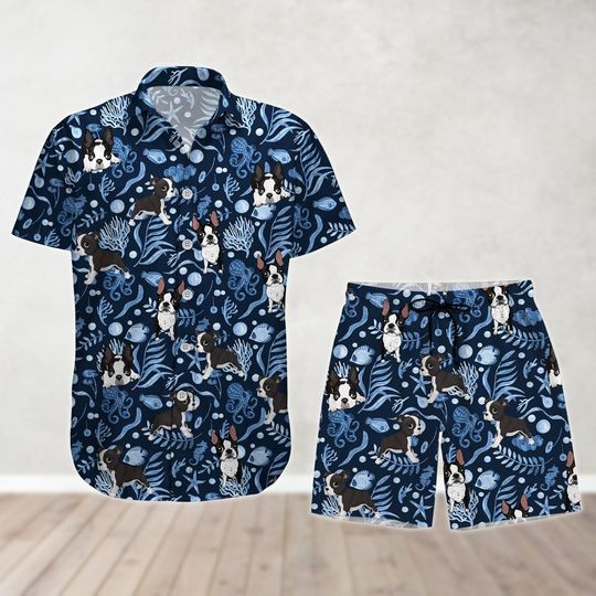 Boston Terrier Button Shirt And Shorts, Dog Mom Hawaiian Shirt, Dog Dad Tropical Shirt, Dog Owner Summer Beach Shirt, Vacation Shirt