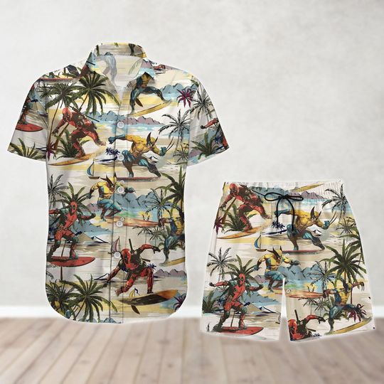 Deadpool And Wolverine Button Shirt And Shorts, Superhero Hawaiian Shirt, Movie Tropical Shirt, Summer Beach Shirt, Vacation Shirt
