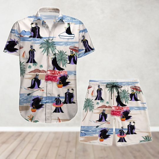 Maleficent Button Shirt And Shorts, Sleeping Beauty Hawaiian Shirt, Disney Villains Tropical Shirt, Summer Beach Shirt, Disney Vacation