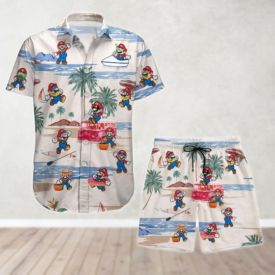 Discover Mario Button Shirt And Shorts, Super Mario Hawaiian Shirt, Video Game Tropical Shirt, Gaming Summer Beach Shirt, Disney Vacation Shirt