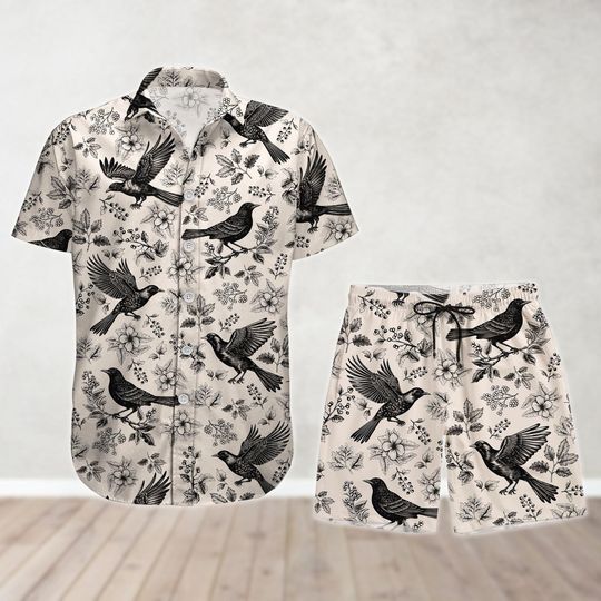 Bird Button Shirt And Shorts, Bird Tropical Floral Hawaiian Shirt, Birdwatching Shirt, Bird Nerd Shirt, Summer Shirt, Bird Lover Gift