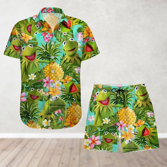Discover Disney Muppets K the frog Button Shirt And Shorts, The Muppets Show Hawaiian Shirt, WDW Disneyland Family Gift, Summer Beach Shirt