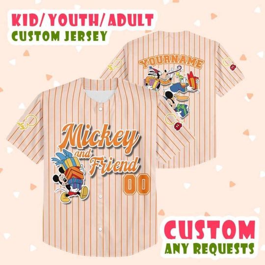 Personalize Mickey And Friends Beige Baseball Jersey,  Custom Disney Shirt for Kids, Adults & Toddlers,  Gift For Kids,  Cartoon Lovers