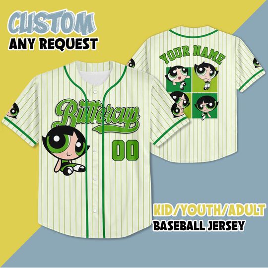 Personalized The Powerpuff Girls Buttercup Baseball Jersey, Funny The Powerpuff Girls 90s Cartoons Jersey, Retro Power Puff Girls Jersey