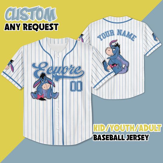 Custom Disney Winnie the Pooh Eeyore Baseball Jersey, Disneyland Baseball Team Jersey Disneyworld Birthday Gift for Disney Fans