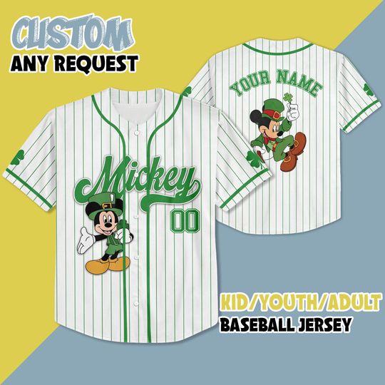 Custom St Patricks Day Mickey Mouse Baseball Jersey, Custom Mickey Baseball, Disney Baseball Jersey,  St Patricks Day