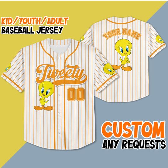 Personalized Tweety Baseball Jersey, Custom Looney Tunes Tweety Jersey Shirt, Looney Tunes Baseball Jersey Teams