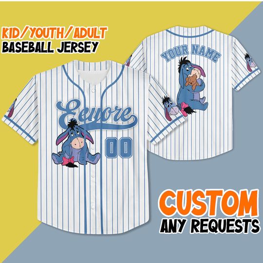 Personalized Winnie the Pooh Eeyore Baseball Jersey, Custom Disney Eeyore Jersey Shirt, Winnie the Pooh Baseball Jersey Teams