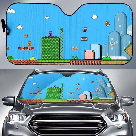 Super Mario 8 Bit Memorial Auto Sun Shade, Mario Bros Car Windshield, Mario Video Game Car Protector, Gift For Him