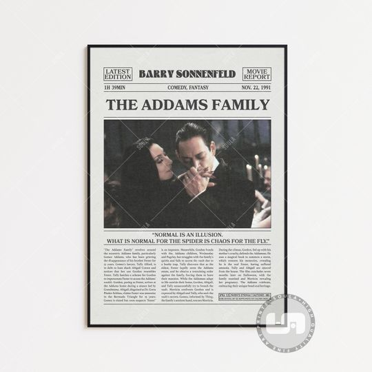 The Addams Family Poster, Barry Sonnenfeld, Movie Poster, Retro Newspaper, Black White Poster, Vintage Retro Art Print, Custom Movie Poster